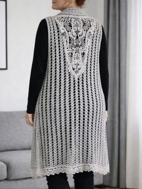 Gray Silver Crochet Lace Open Duster Cardigan Tunic 1X